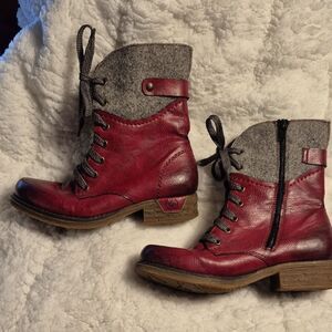 Rieker Remonte Size 36 Dark Red and Grey Leather zip and tie boots - NWOT
